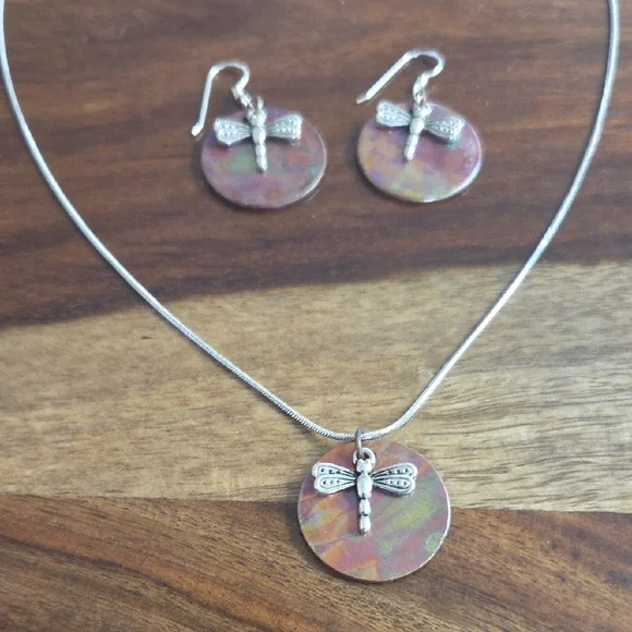 Flame Painted Dragonfly Necklace and Earring Set on a 20" chain - Picture 3 of 8